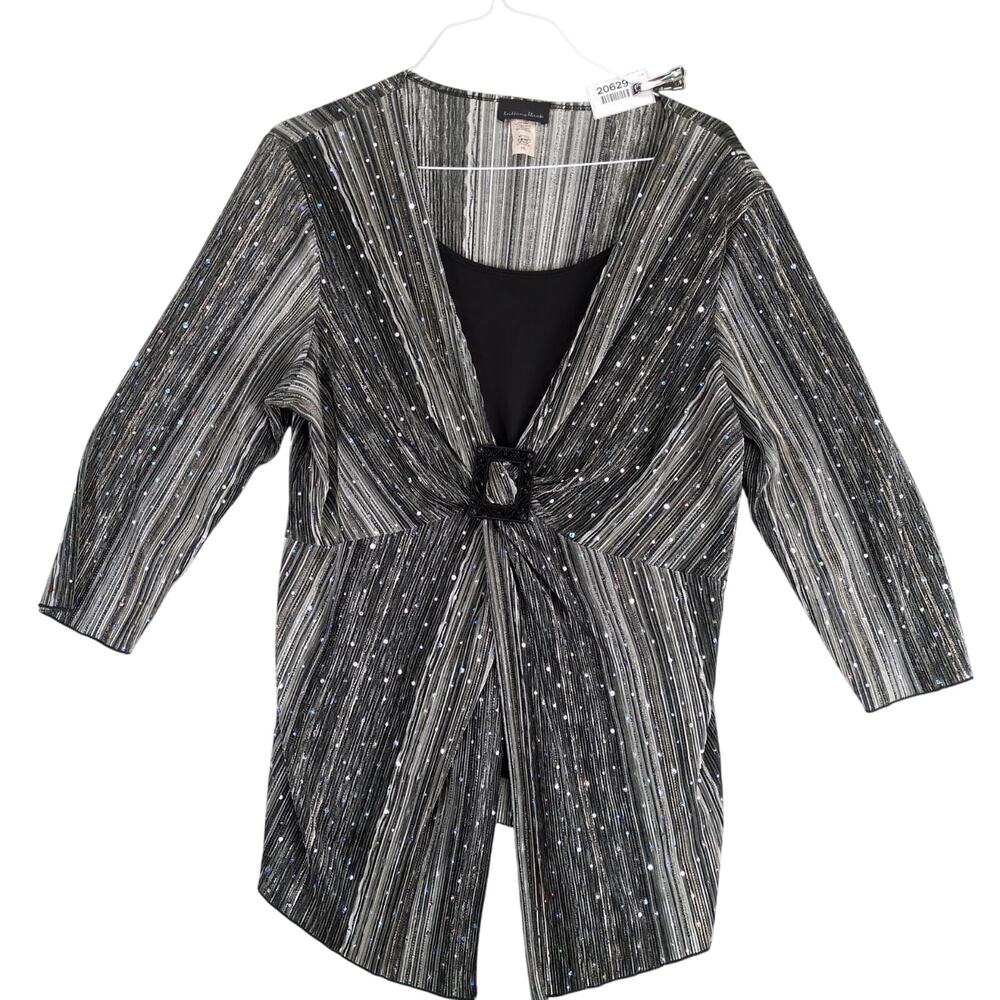 Brittany Black Sequin Shimmer Striped Buckle Front Blouse Women's Plus 3X Glam